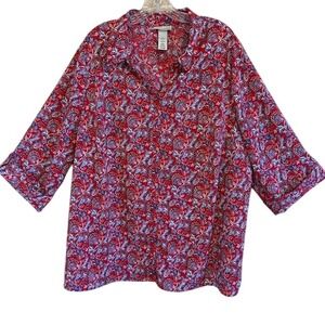 Catherines‎ Women's Red Paisley Printed Button Up 3/4 Sleeve Blouse 1X 18/20